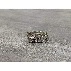 925 Sterling Silver Sz 5.5 Vintage Chunky Hand Carved BUTTERFLY Leaf Ring 9.65g